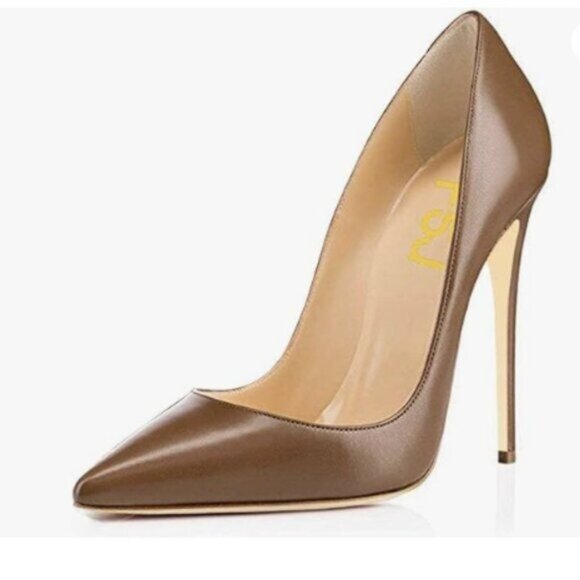 FSJ Women Formal Pointed Toe Pumps High Heel Stilettos Slip On Office Brown - Picture 1 of 7